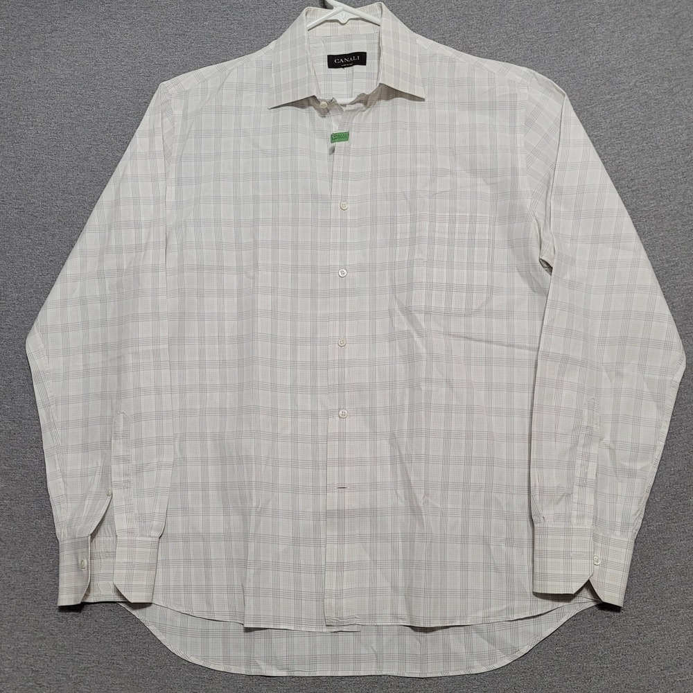 Canali Men's Dress Shirt Size 48-16 Beige Striped Check Long Sleeve Dress